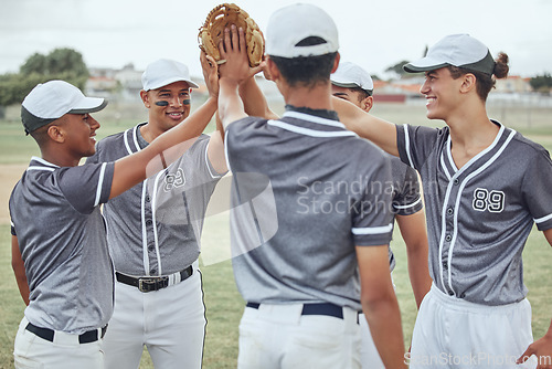 Image of Baseball player men hands connect for teamwork, motivation and mission on sports field. Group of people, community or athlete male standing together for competition with sunshine lens flare outdoor