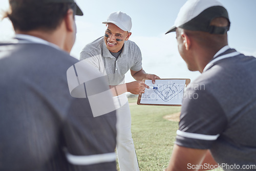 Image of Baseball coaching, strategy or team planning on clipboard for match exercise, event training or game workout on field. Coach, motivation or teamwork communication for sports or competition