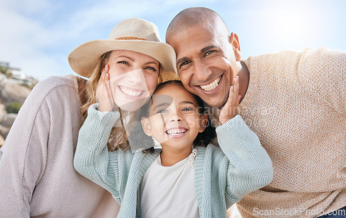 Image of Family, smile and face portrait in nature on holiday, vacation or summer trip. Diversity, travel and parents, father and mother with girl, love and care, spending quality time together and bonding.