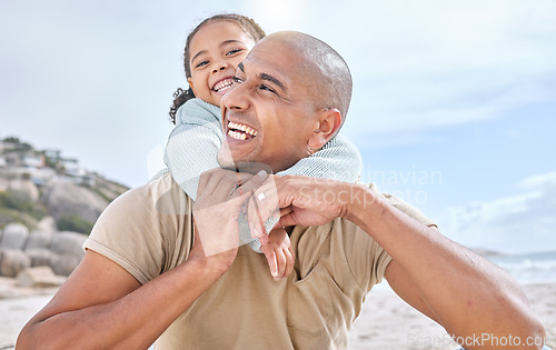 Image of Happy family hug, beach and dad and child having fun, bonding and enjoy quality outdoor time together on Mexico vacation. Happiness, holiday freedom and father support, love and piggyback girl