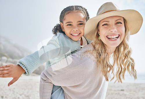 Image of Beach, foster and portrait with piggy back bonding with black child on California holiday. Adoption, vacation and love in interracial family with happy smile of kid and mom at the ocean.