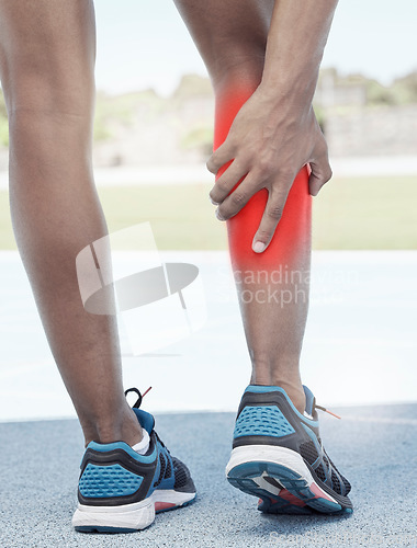 Image of Runner, calf pain and leg injury accident during fitness running exercise in athletic shoes outside. Sports man, muscle strain and calf during marathon cardio training workout on track field