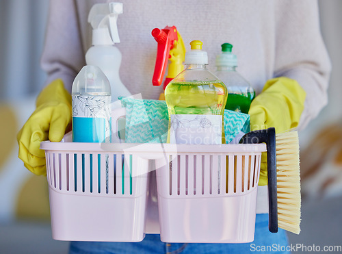 Image of Woman, hands or cleaning container of housekeeping products for home cleaner service, maid or hotel worker. Spray bottle zoom, brush or fabric cloth in spring clean or hospitality hygiene maintenance