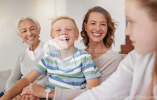 Image of Happy family, mother and kids relax with grandma in a living room, laughing, talking and bonding in their home. Love, family and multi generation people enjoying conversation, laughter and joy