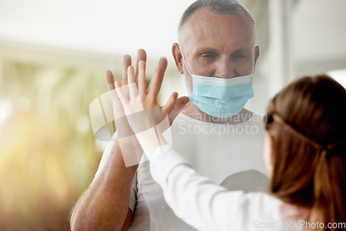 Image of Covid, window and lockdown father with child for family hand touch with social distance protocol. Love, daughter and dad with quarantine mask protection at glass for communication with young kid.