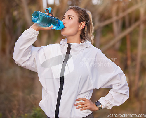 Image of Exercise, woman runner and on break drinking water doing workout, rest and sportswear being healthy, fitness or wellness. Female athlete, runner girl or training for thirsty, health or cardio outdoor