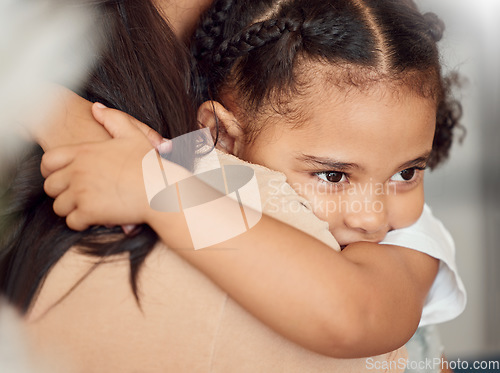 Image of Child girl, hug and protection for holding mother, doing embrace and being sad. Black mother, nanny and daughter have quality time, safety and fear being moody, grief and disappointed with consoling.