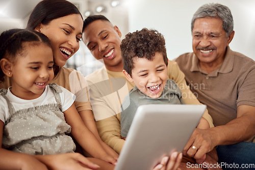 Image of Parents, children and grandfather with tablet on sofa in house or family home living room for zoom call, internet game or streaming. Smile, happy and bonding woman, men and kids with movie technology