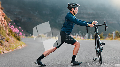 Image of Man, bicycle and fitness stretching before cycling on road outdoor with training for race or competition. Sport athlete workout, cardio and exercise body for health, wellness and start bike ride