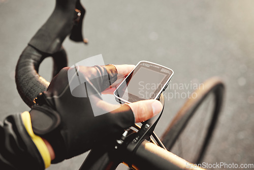 Image of bicycle speedometer, sports man and speed check on bike ride wellness training in urban city streets. Cycling athlete fitness lifestyle, training for marathon and track bike ride distance outdoors