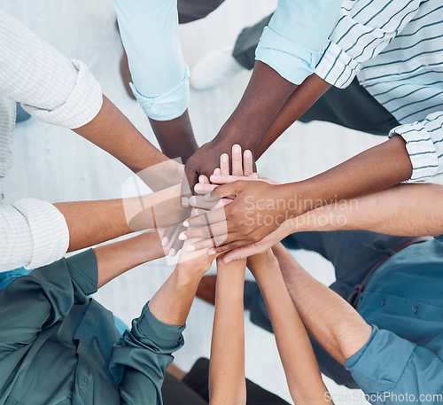 Image of Partnership hands, motivation and team building trust for success, deal and support goals together. Closeup group business people, teamwork and winner achievement celebration, mission and diversity