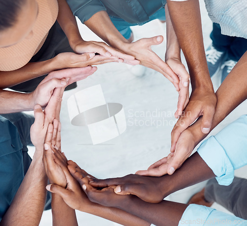 Image of Teamwork, collaboration and circle of synergy hands, support and solidarity of trust, goals and team building mission. Above workflow group, diversity and network of community, connection and world