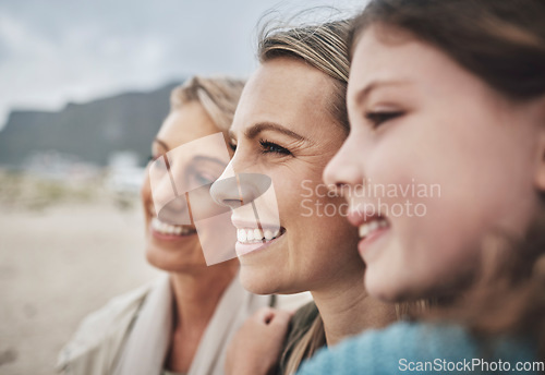 Image of Happy family, travel and girl, mother and grandma bonding on a beach in mexico, happy and relax while smiling on vacation. Love, family and generations with face of ladies enjoy ocean view together