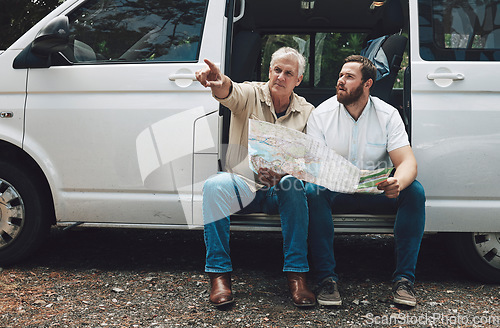 Image of Road trip, map or lost men pointing in travel car, van or moving camper on Australian forest woods street. Traveling, mature father or man thinking of location gps ideas or confused by tourist paper