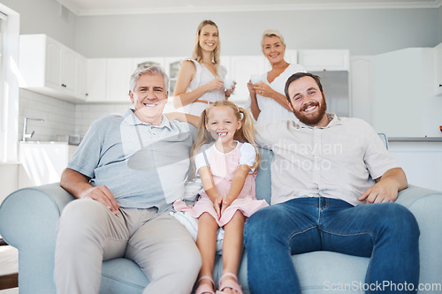 Image of Relax, smile and portrait of happy big family sitting on sofa in the living room of their home. Happiness, grandparents and parents with girl child from Canada resting and bonding with love in lounge