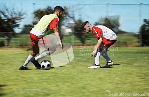 Image of Soccer, friends and training and workout with men playing on a sports field, competitive training for sports goal. Ball, team and energy with exercise, fitness and practice outdoor football on grass