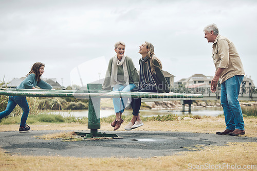 Image of Playground, family and happy people in a nature play park with a mom, child and grandparents. Mother with children feeling happiness, love and kid care outdoor with a smile laughing together