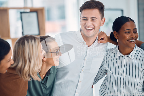 Image of Happy, work friends and business people laughing together at a team building, meeting or celebration. Happiness, diversity and success of team in collaboration on corporate company project in office.