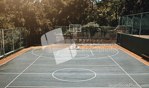 Image of Empty basketball court, field or training ground for match, game or competition. Sports venue, stadium or sports court for practice, workout or exercise, recreation or activities outdoors from above.