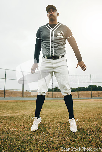 Image of Jump on field, baseball player man on court and training for sports game performance in Houston. Softball exercise on grass, strong young club athlete and fitness on pitch in winter and fast energy