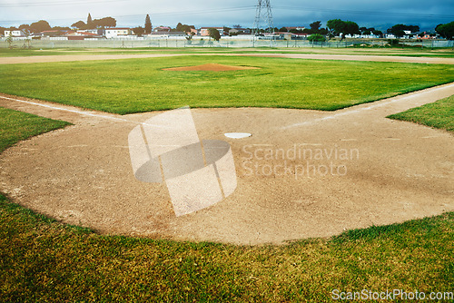 Image of Baseball, sports and training with an empty outdoor field or grass pitch in the day ready for a game. Fitness, health and exercise with an outside venue for playing competitive sport for recreation