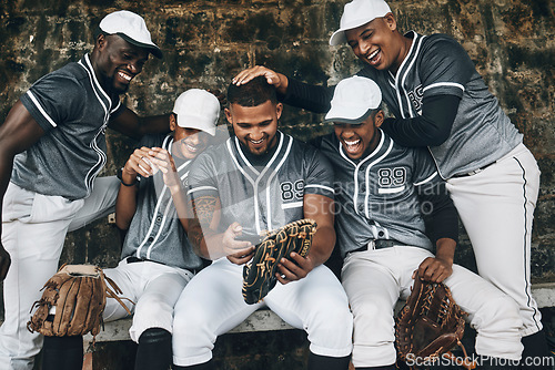 Image of Baseball team, sports men or mobile smartphone with funny internet joke, social media meme or comic app. Smile, happy or laughing softball players with ball, mitt gloves and 5g technology for fitness