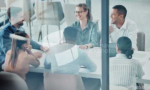 Image of Business people, boardroom meeting and discussion at the office in team communication for sharing ideas. Creative group of employee workers in conference planning and collaboration at the workplace