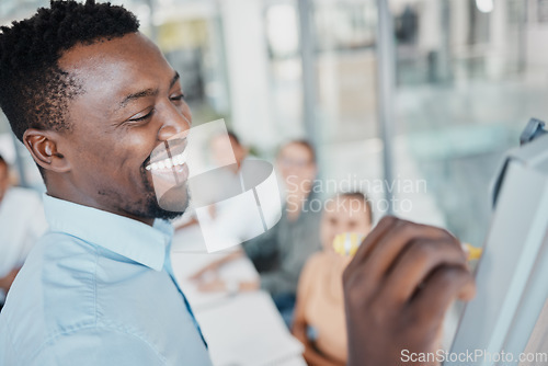 Image of Black business man, coaching or diversity for teamwork, presentation or training meeting in office with smile. Happy, leadership or mentor coaching team in workshop, seminar or planning SEO strategy