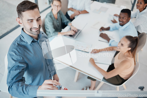 Image of Leadership, diversity and presentation team training, business coach with startup workers writing on white board. Coaching in office, men and women sharing vision, idea and planning business strategy