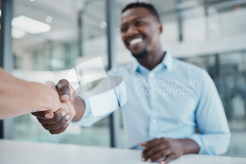 Image of Business people shaking hands with black man for deal, thank you and teamwork success in startup agency. Partnership handshake, meeting collaboration or contract celebration for promotion opportunity