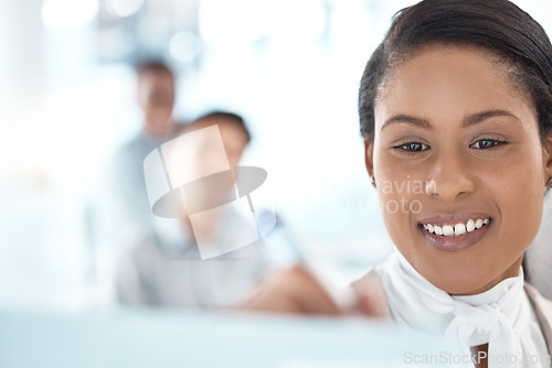 Image of Black woman, writing and idea strategy on whiteboard with optimistic manager in business office. Brainstorming, development and notes in corporate finance company with happy girl management.