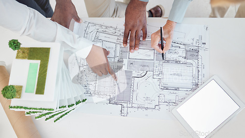 Image of Top view, teamwork and architects hands on blueprint, model or building, architecture or construction project. Team, engineers and group planning development project, design sketch and tablet mockup