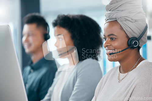 Image of Call center with headphone, black woman and phone call in business for customer service or telemarketing. Desk with computer, consulting with worker, consultant or crm, communication and support