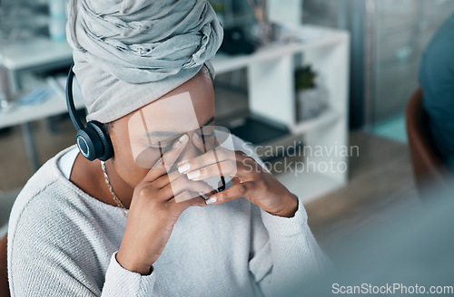 Image of Customer service agent, stress and black woman with headache at work. CRM, telemarketing employee or call center consultant with anxiety, burnout and frustrated with deadline or 404 error in office.