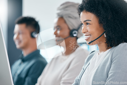 Image of Call center, contact us and woman in telemarketing customer support services talking and consulting clients. Smile, communication and happy sales agent working on a computer helping with loan advice