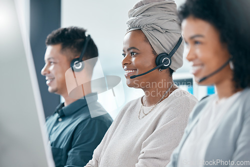 Image of Call center, telemarketing and diversity customer service consultant team with headset at pc desk inside crm office. Man and women contact us and sales staff for support and marketing with a smile