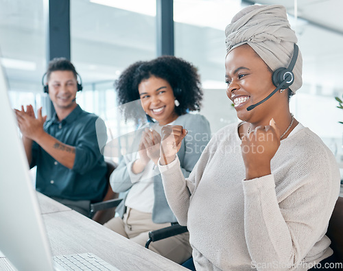 Image of Call center, celebration and success for target, sales or win of telemarketing and customer service consultant with team applause in office. Man and women support staff team happy about crm feedback