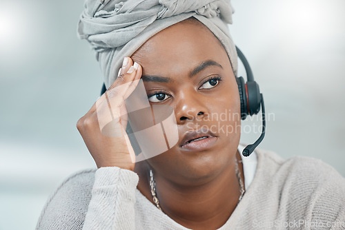 Image of Call center, headache and black woman with depression, stress and burnout from working in consulting. Sad, tired and thinking customer service employee with anxiety, work problem and mistake in crm