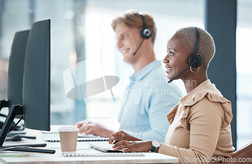 Image of Call center, consulting and employees in sales, giving support and in communication with people on internet with computer. Happy, smile and customer service workers talking on web for telemarketing