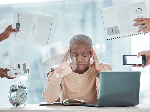 Image of Office, stress or headache of black woman with hands holding documents, calculator or phone. Burnout, fatigue and frustrated finance marketing girl in panic for deadline demand of people.