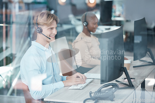 Image of Call center, people and typing at computer desk for customer service consultant communication. Contact us, technical support or telemarketing with satisfied smile of workers online in office.