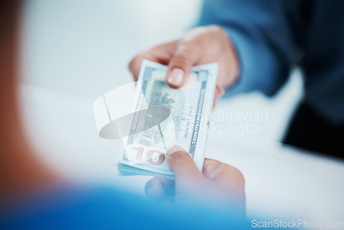 Image of Hands cash money exchange, payment and pay bills business purchase transaction. Closeup of dollars, consumer paying financial investment and businessman service finance deal or loan repayment
