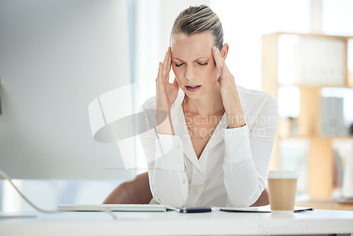 Image of Work stress, headache and office burnout of a business woman experience a computer glitch. Working employee with a 404, audit and online problem feeling anxiety and mental health issue at her job