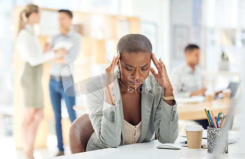 Image of Black woman, stress and headache being overworked, experience burnout and frustrated with work at desk in office. Female employee, girl and business with mental health, feeling pain and exhausted.