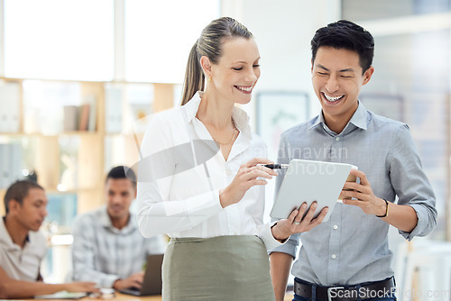 Image of Business employees with tablet in meeting, people in corporate working together in Toronto or happy strategy planning. Professional white woman, happy asian man in tech job or company collaboration