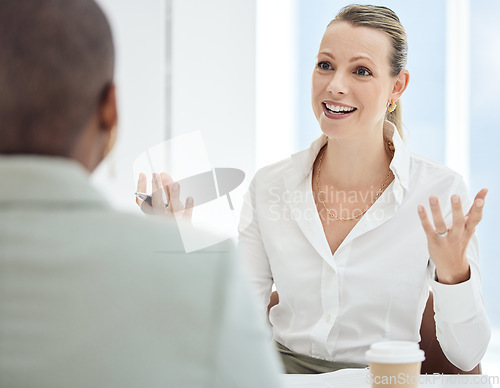 Image of Communication, planning and employees in a meeting, interview or partnership for business in office at work. Happy, smile and manager talking to a worker about a strategy for marketing at the company