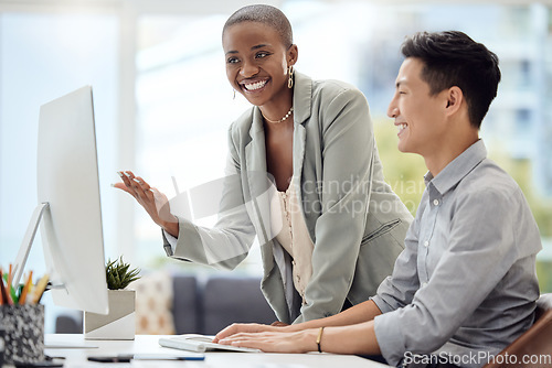 Image of Mentor, manager and teamwork with a business woman training a male employee in the office. Meeting, management and support with an African female leader teaching or coaching an asian man at work