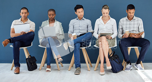 Image of People in office waiting room, business interview for company in Toronto and we are hiring employee diversity. Human resources recruitment, career opportunity in hr reception and resume cv queue