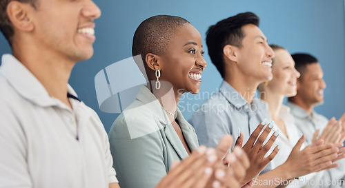 Image of Diversity, team and business celebrate, smile and clap for partnership, group project and success planning. Teamwork, collaboration and applause for startup company for successful workshop.