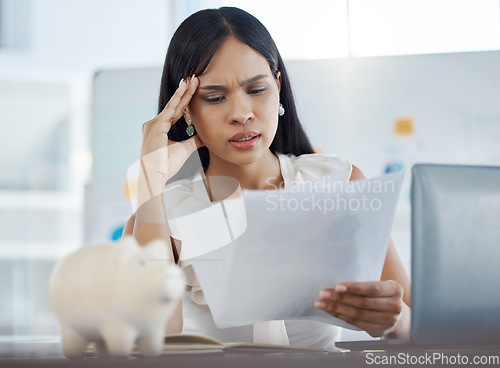 Image of Work stress, headache and business woman with office documents working on a tax audit. Asian employee feeling anxious with job burnout about company report deadline and staff policy information